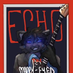 art of echo, styled like a magazine. she's posing for the photo with her guitar on her lap, holding it diagonally at the neck and body respectively.